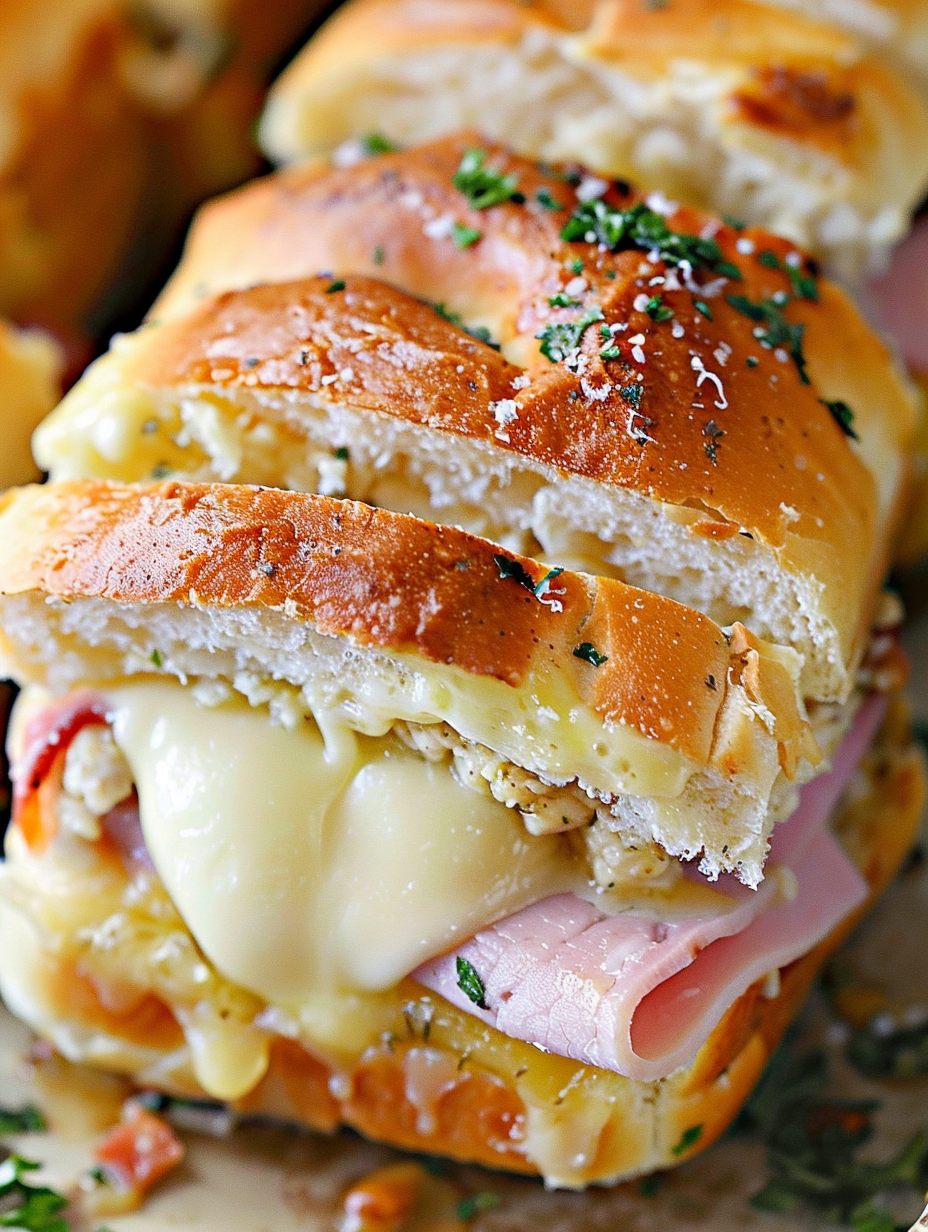 Sliced slider with ham and melted cheese