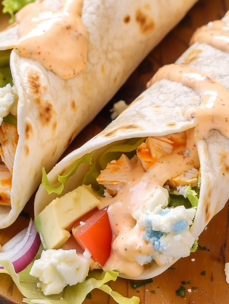 Prepared Buffalo Chicken Wraps sliced on a cutting board