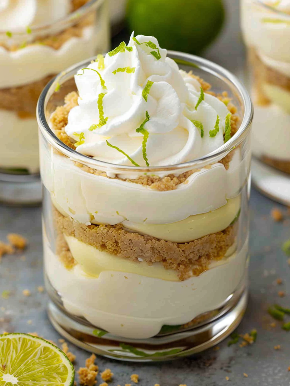 Top view of jars filled with key lime cheesecake parfaits