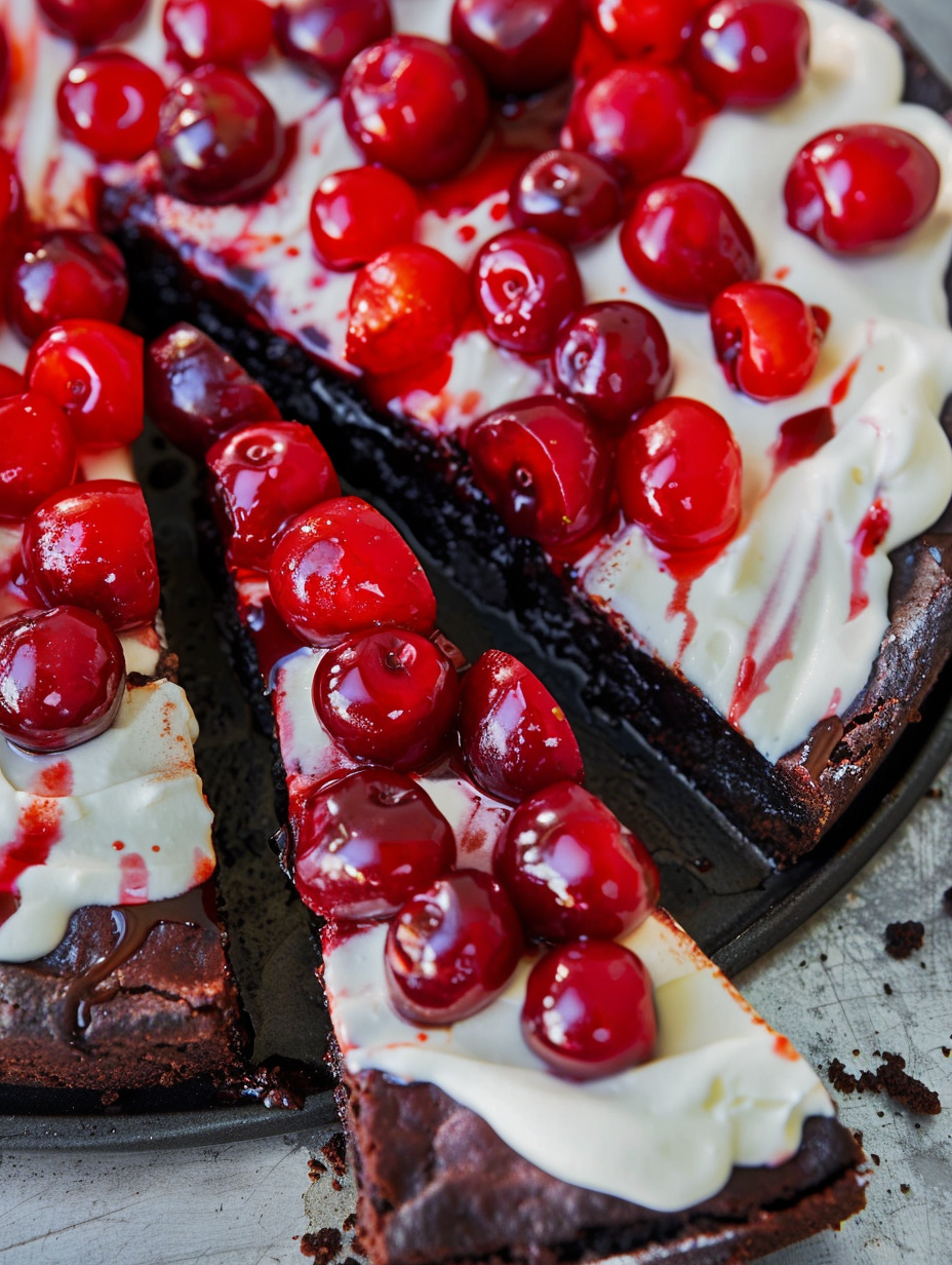 Chocolate Cherry Brownie Dessert Pizza