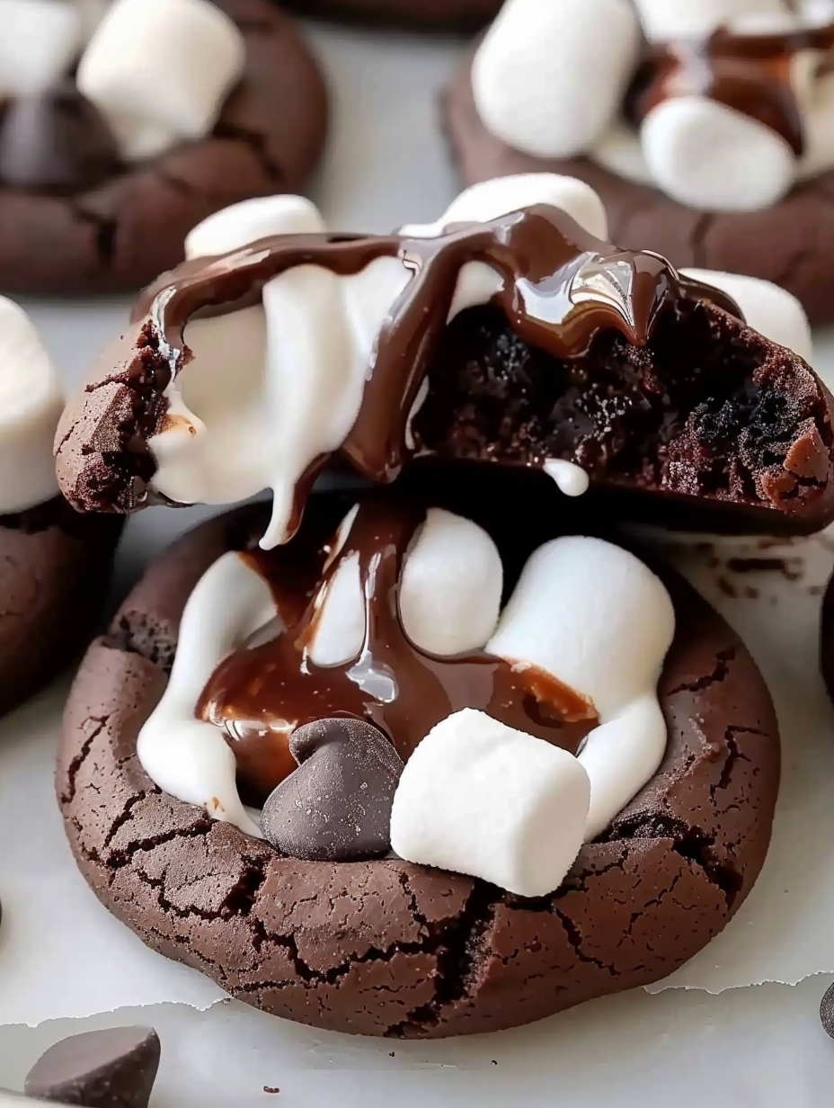 Freshly baked double chocolate marshmallow cookies on a cooling rack