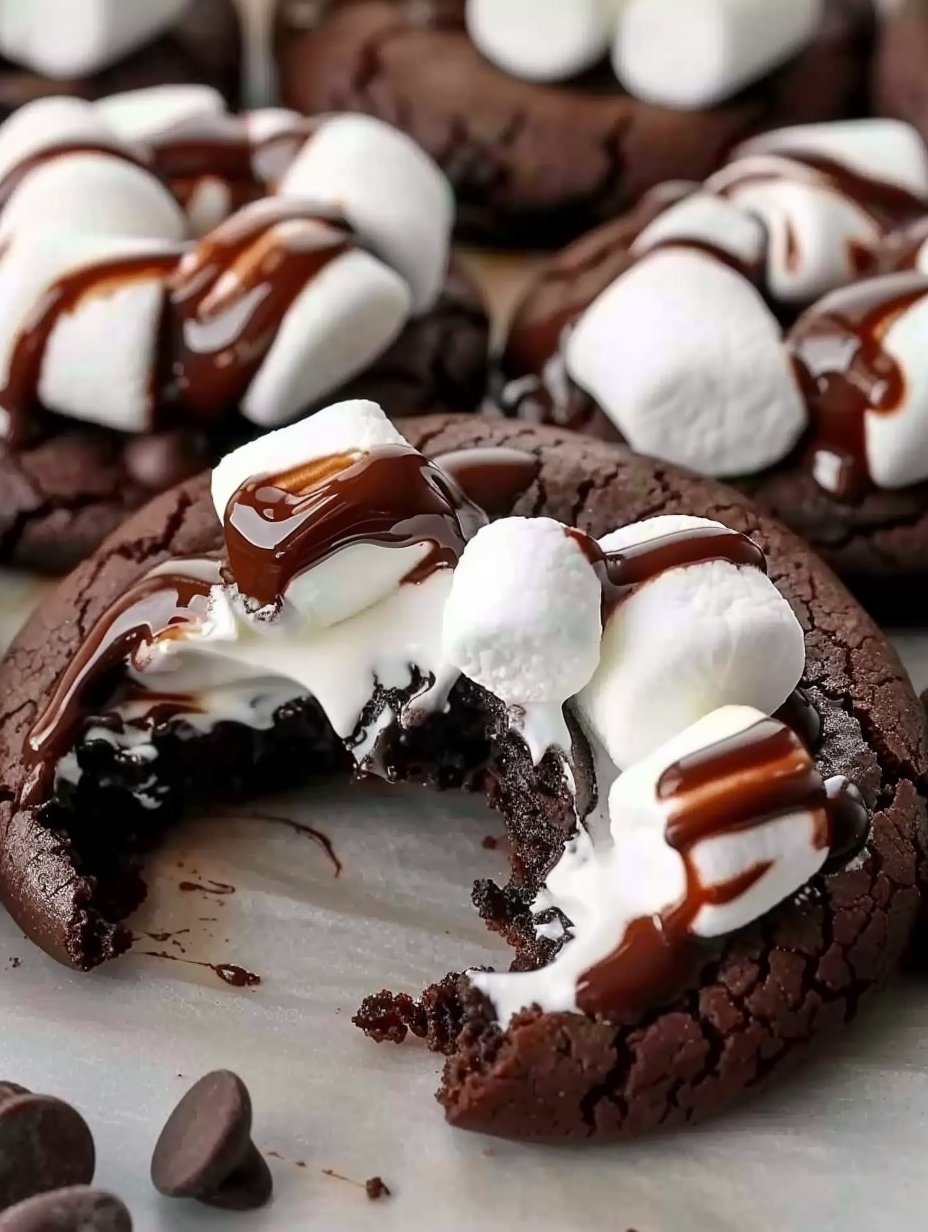 Close-up of a gooey double chocolate marshmallow cookie with melted chocolate