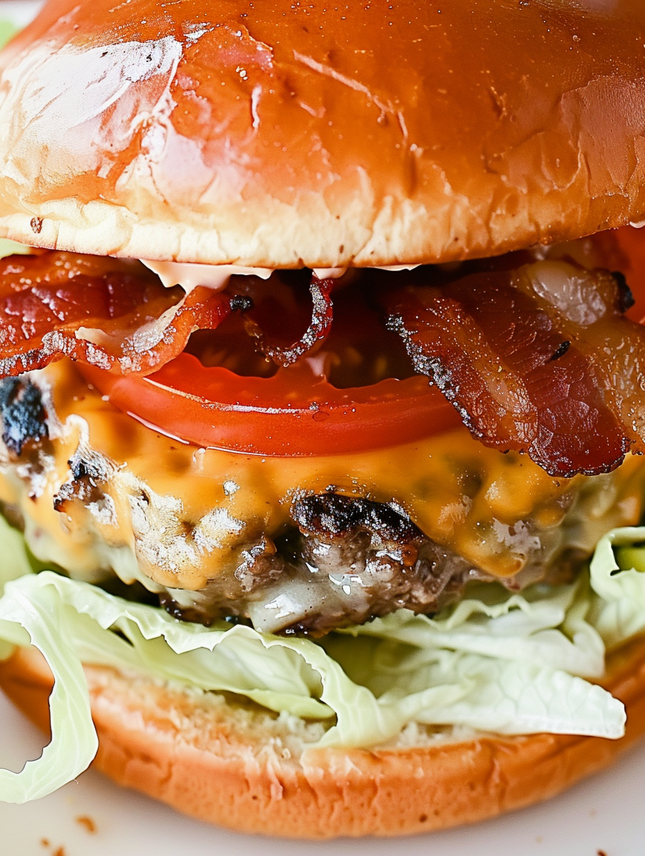 Two stuffed cheeseburgers on a plate with bacon and lettuce