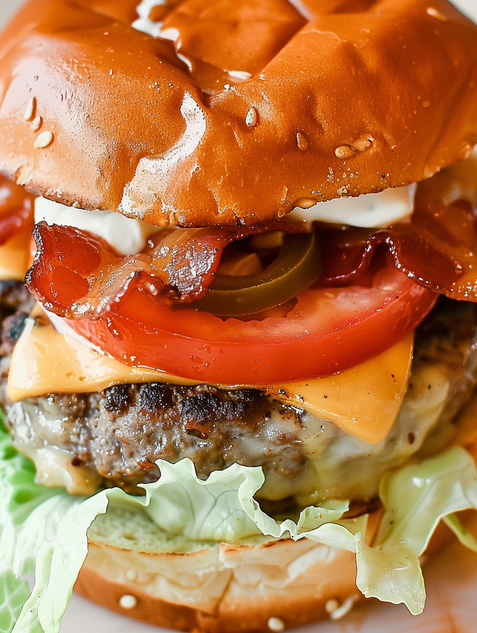 Close-up of a burger with melted cheddar oozing
