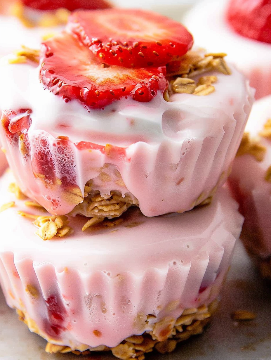 Strawberry yogurt bites in muffin liners on a tray