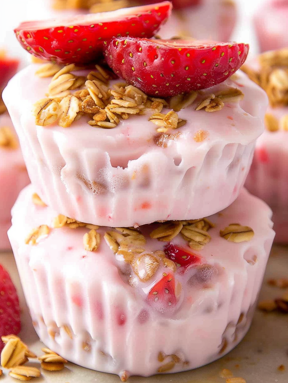 Close-up of a frozen strawberry yogurt bite with granola on top