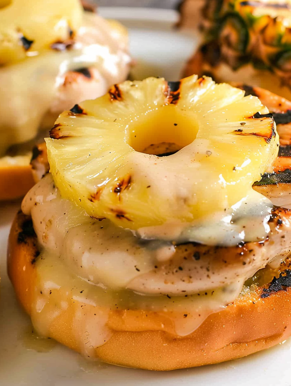 Close-up of grilled pineapple ring on a sandwich