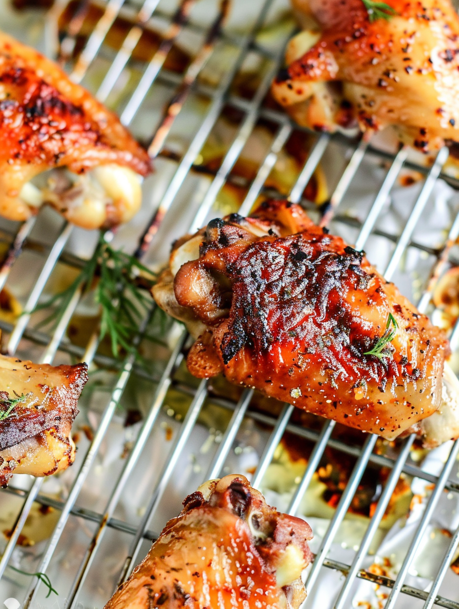 Close-up of crispy dill pickle wings with garnish