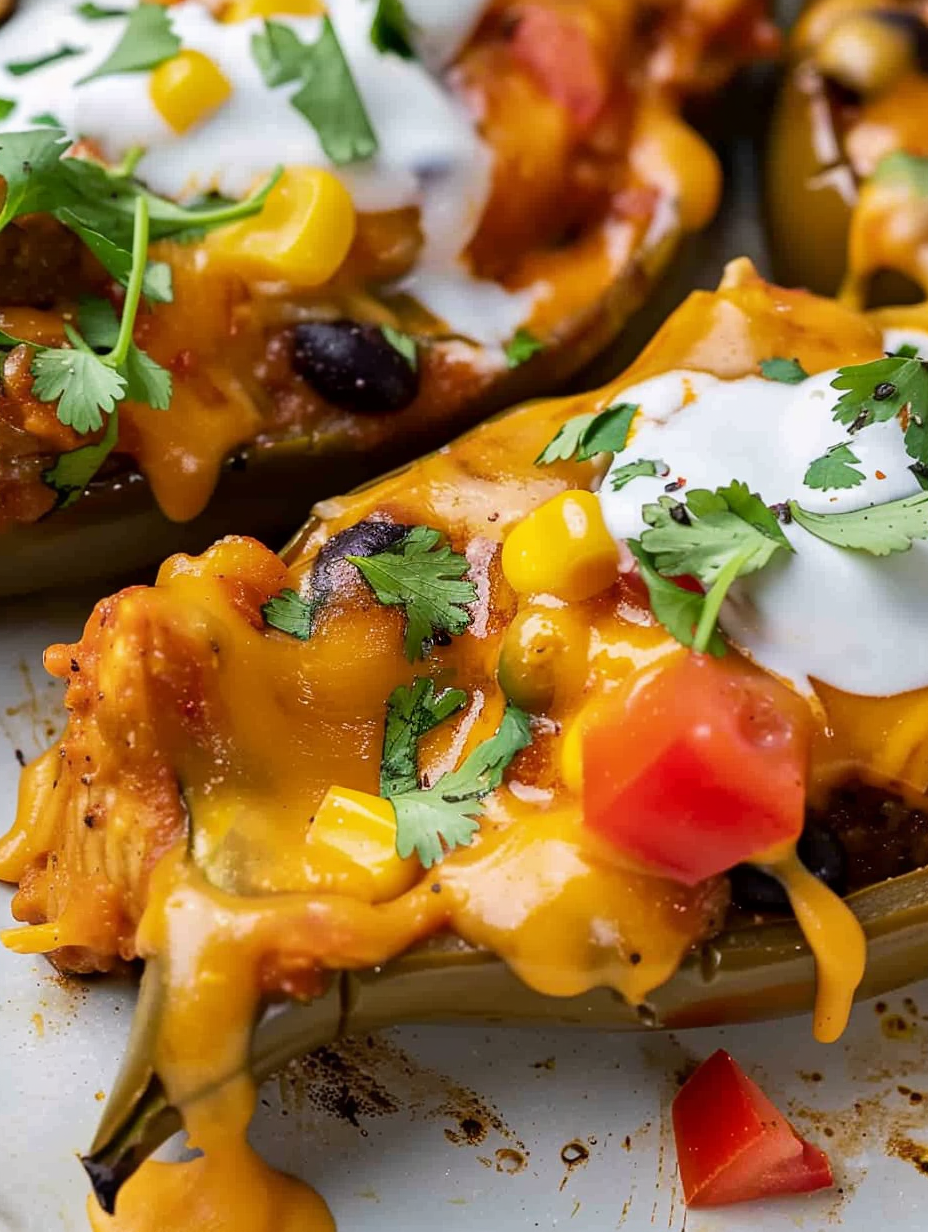 Southwest Anaheim stuffed peppers on a skillet with melted cheese