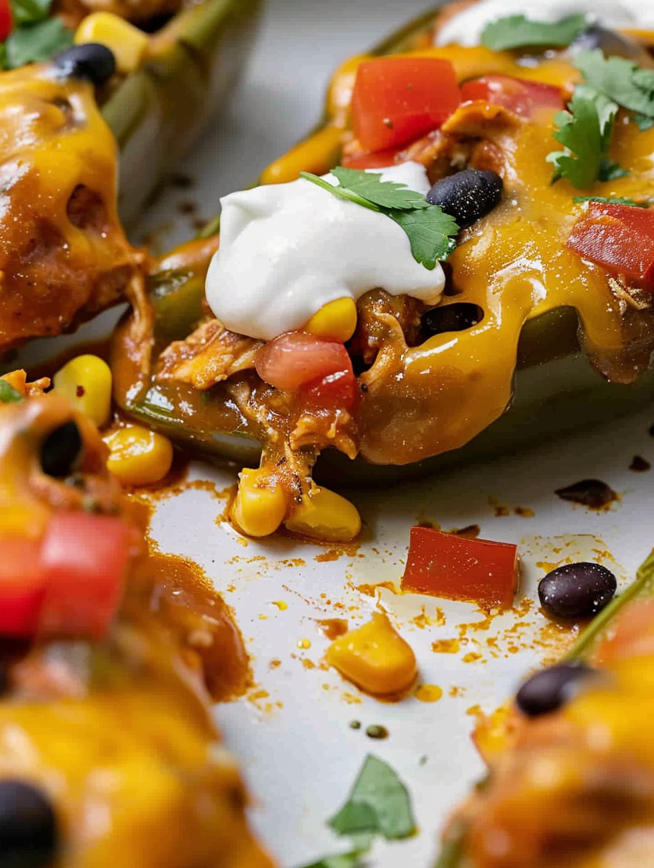 Close up of stuffed Anaheim pepper half with cilantro and sour cream