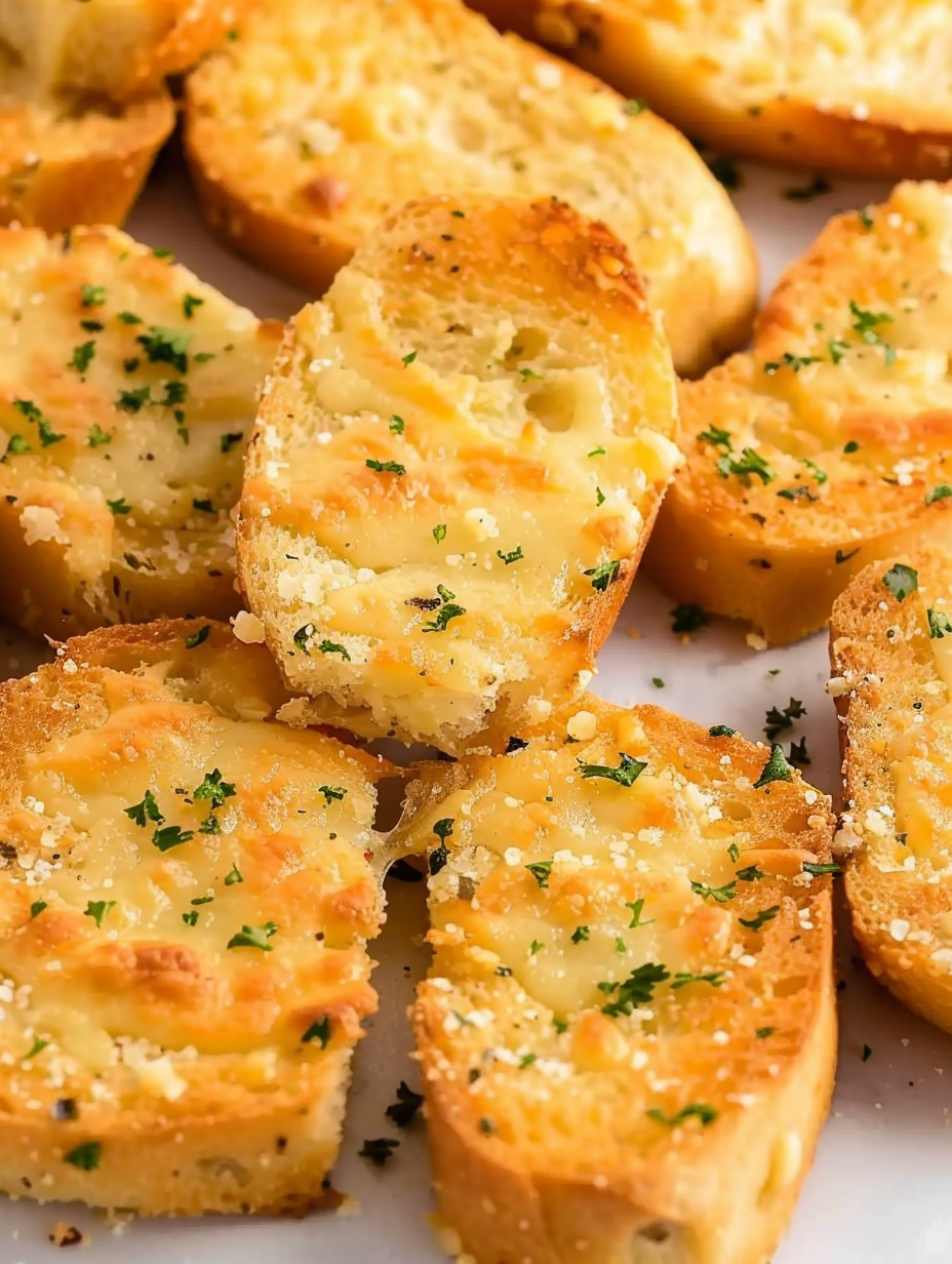 Golden baked baguette slices topped with creamy garlic parmesan spread