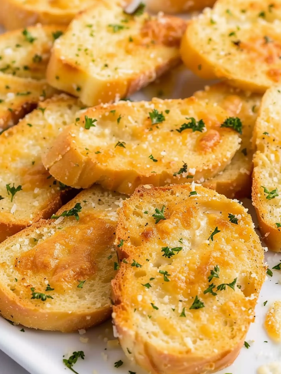 Close up of a cheesy garlic baguette slice