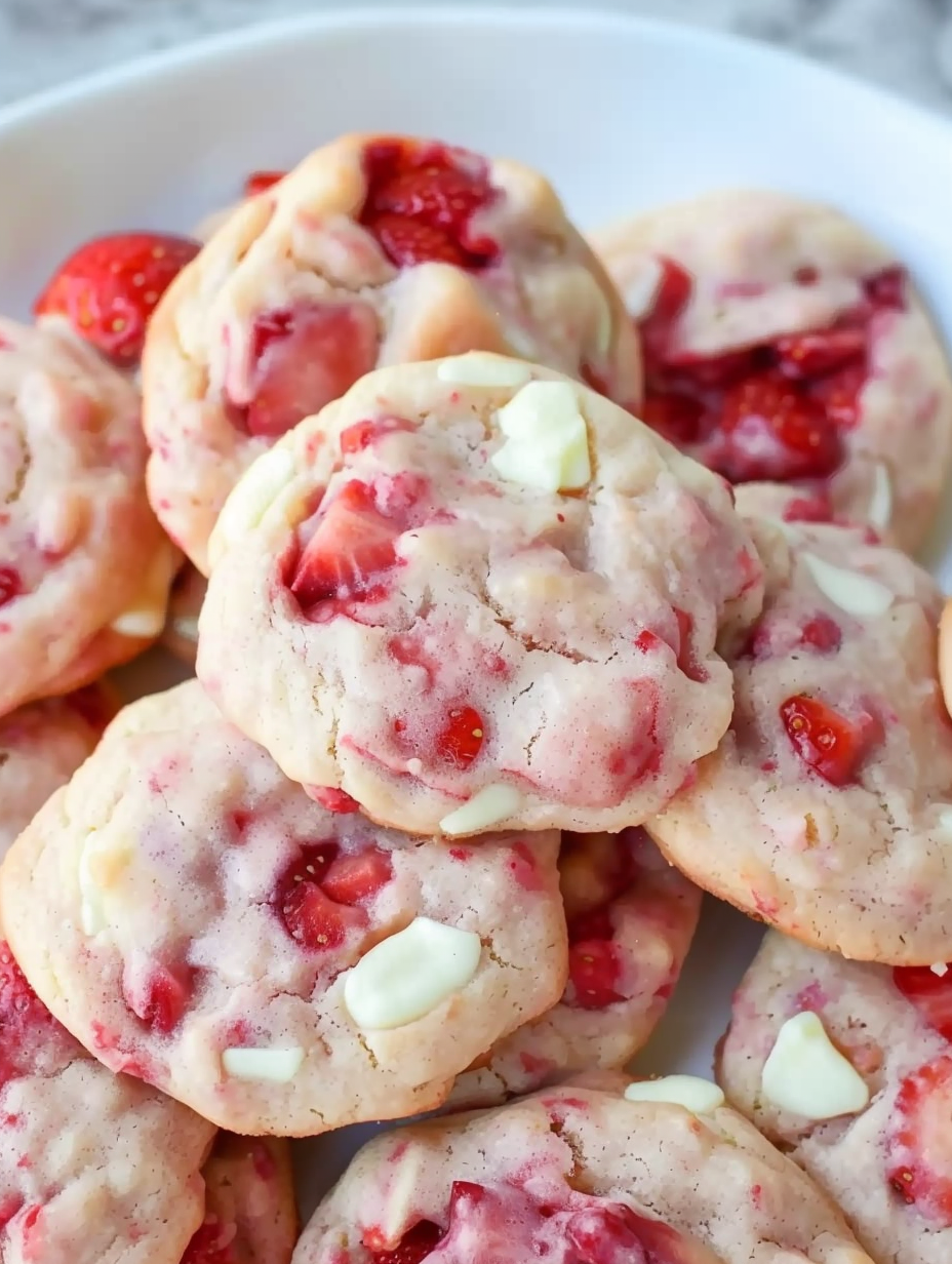 Fresh baked strawberry shortcake cookies on a cooling rack