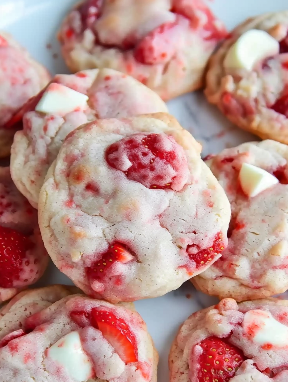 Stack of strawberry shortcake cookies with white chocolate chips