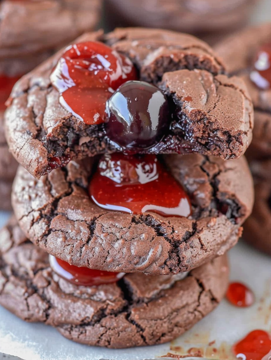 Tray of cherry chocolate cookies stacked and drizzled
