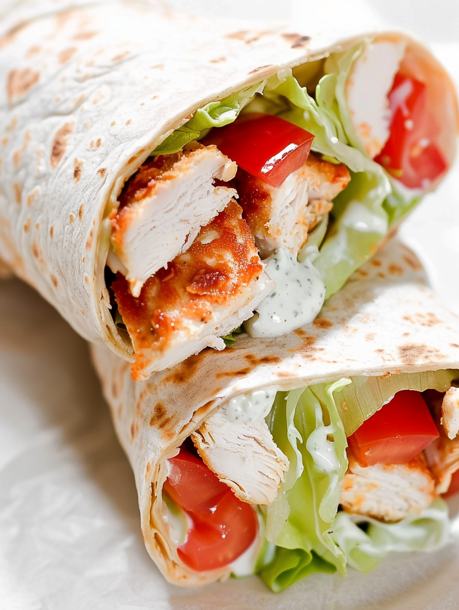 Assembled chicken ranch wraps halved on a plate
