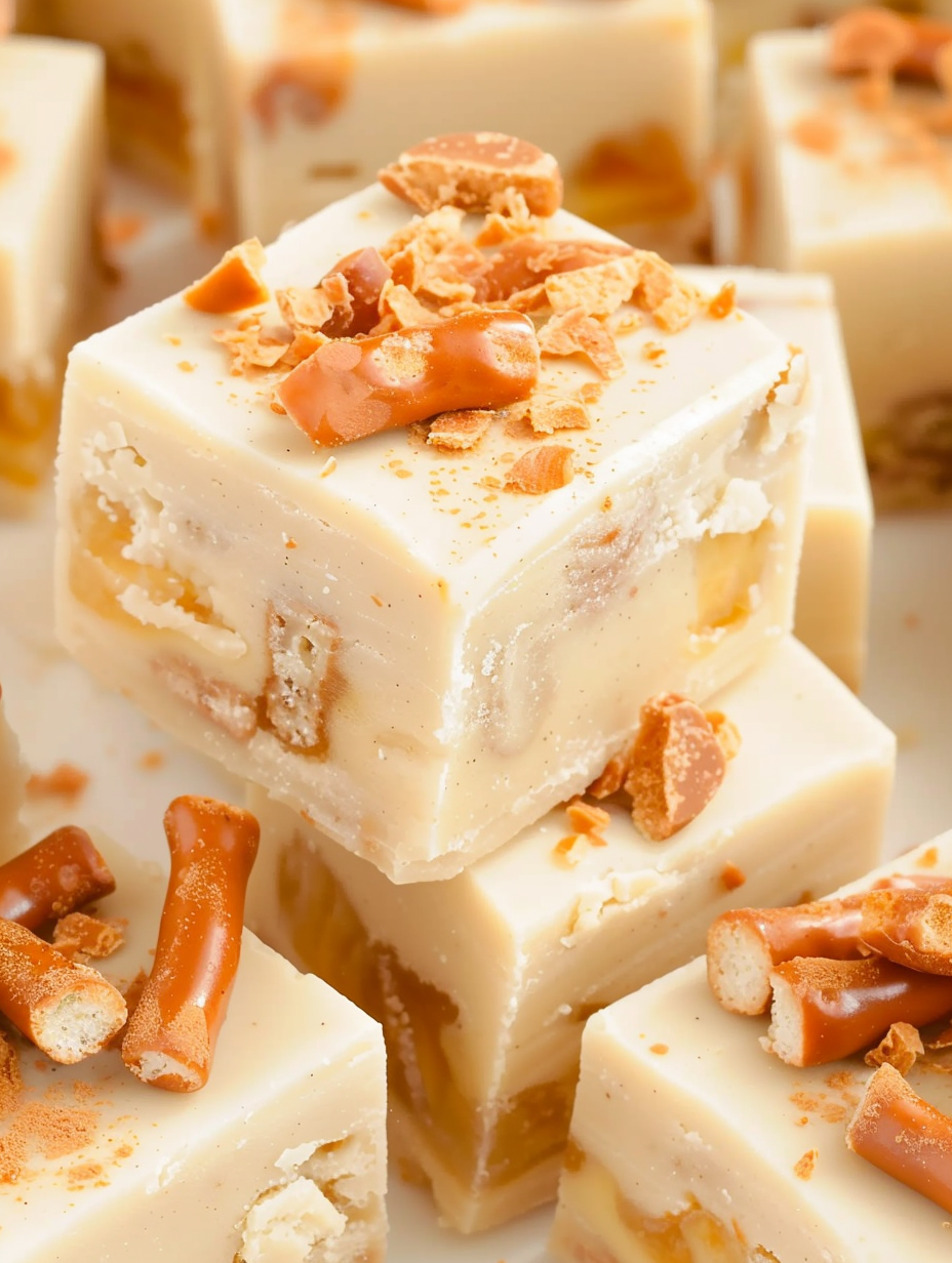 White chocolate caramel fudge topped with pretzels