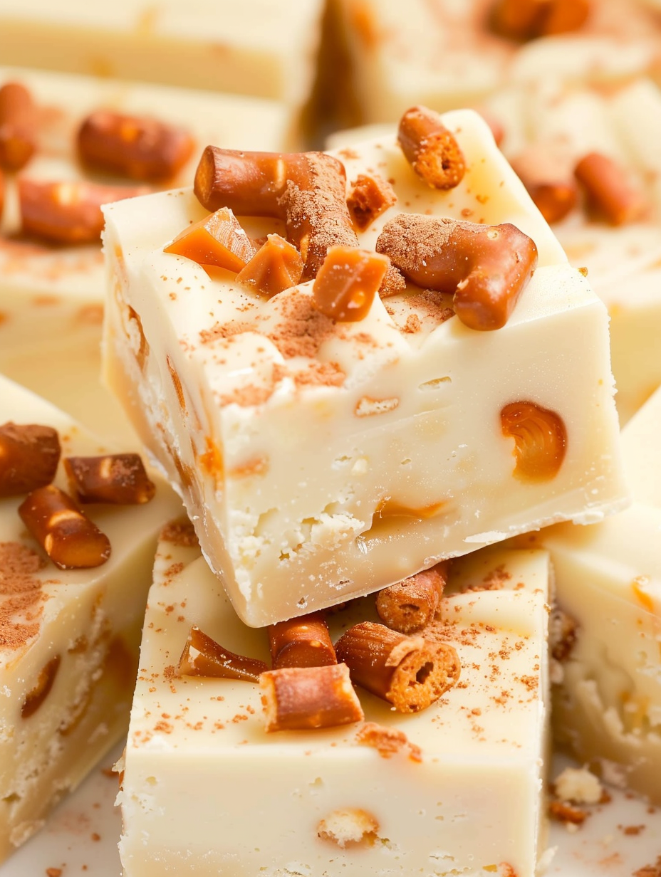 Close up of salted pretzel and caramel bits on fudge