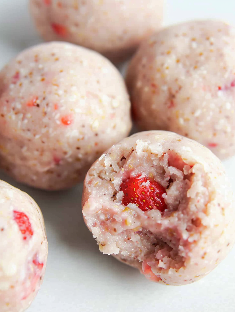 Three ingredients by the bowl and formed strawberry protein balls