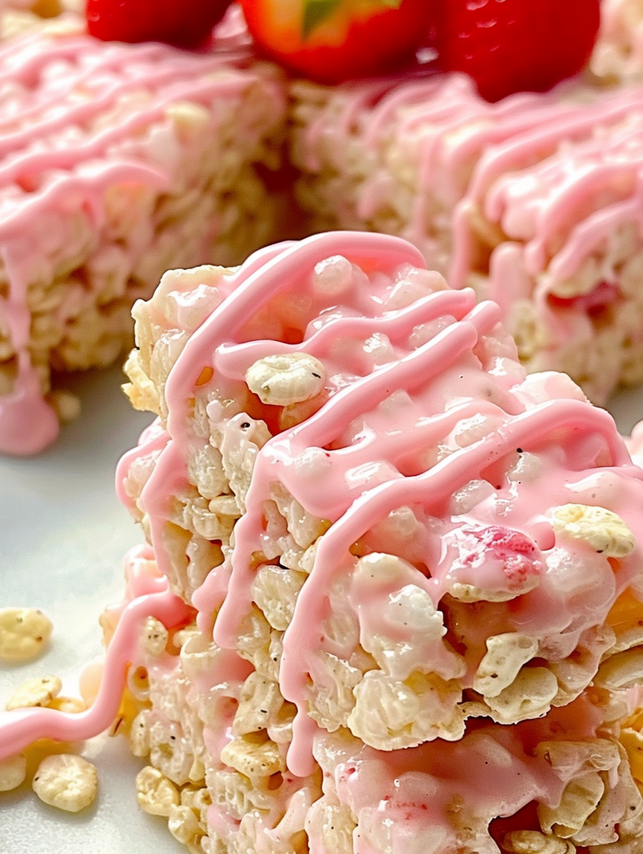 Finished Strawberry Rice Krispy Treats with white chocolate drizzle