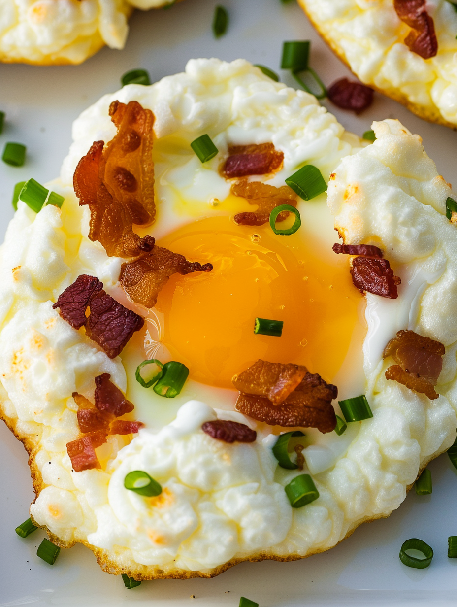 Close up of finished cloud egg with bacon and green onion