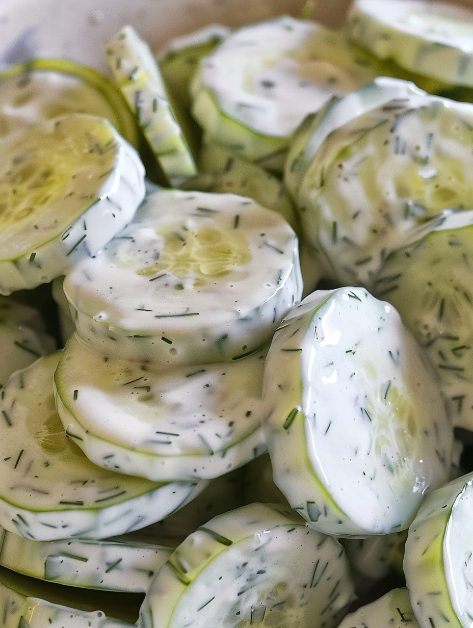 Creamy cucumber salad in a bowl with dill garnish