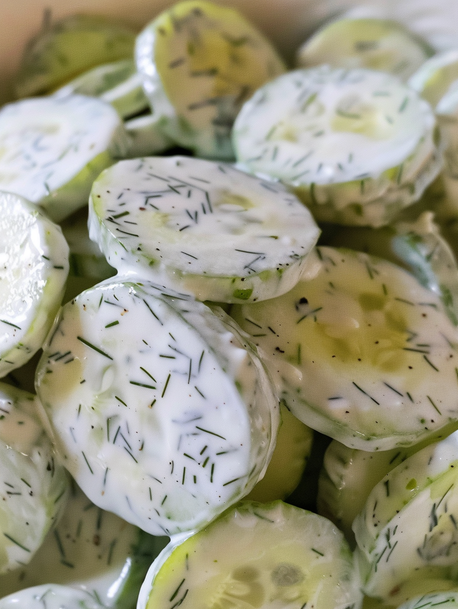 Close-up of sliced cucumbers tossed in creamy dressing