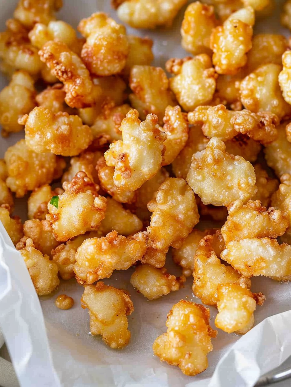 Golden fried cheese curds on a wire rack