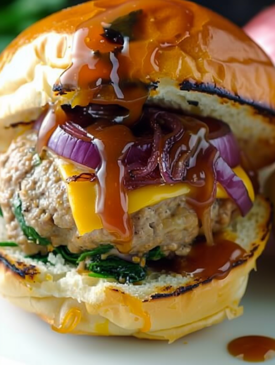 Close-up of double cheddar stuffed turkey burger with caramelized onions