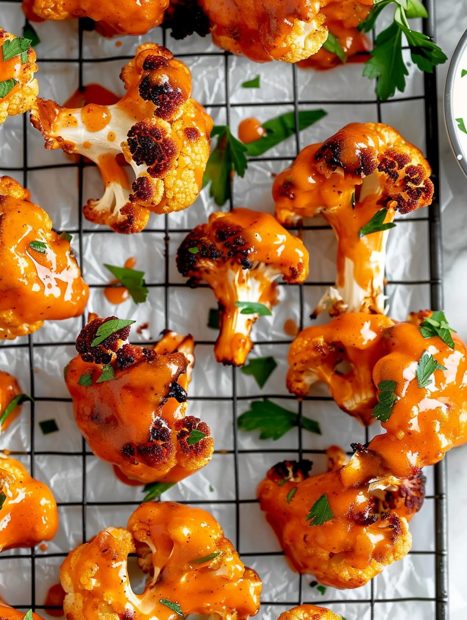 Buffalo cauliflower wings tossed in sauce