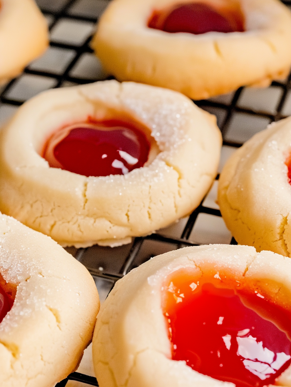 Cherry thumbprint cookies on parchment