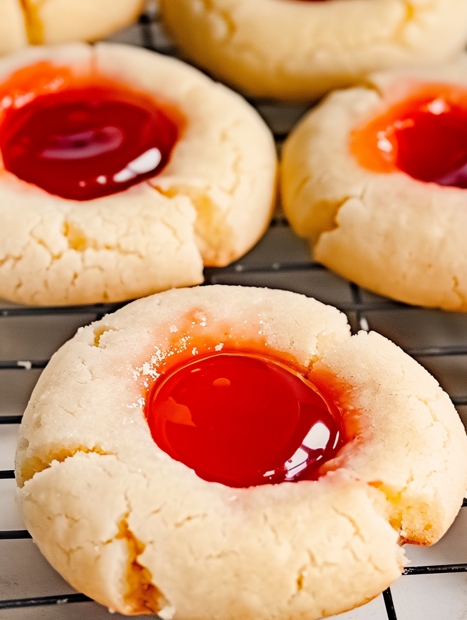 Close-up of a cherry thumbprint cookie with glaze