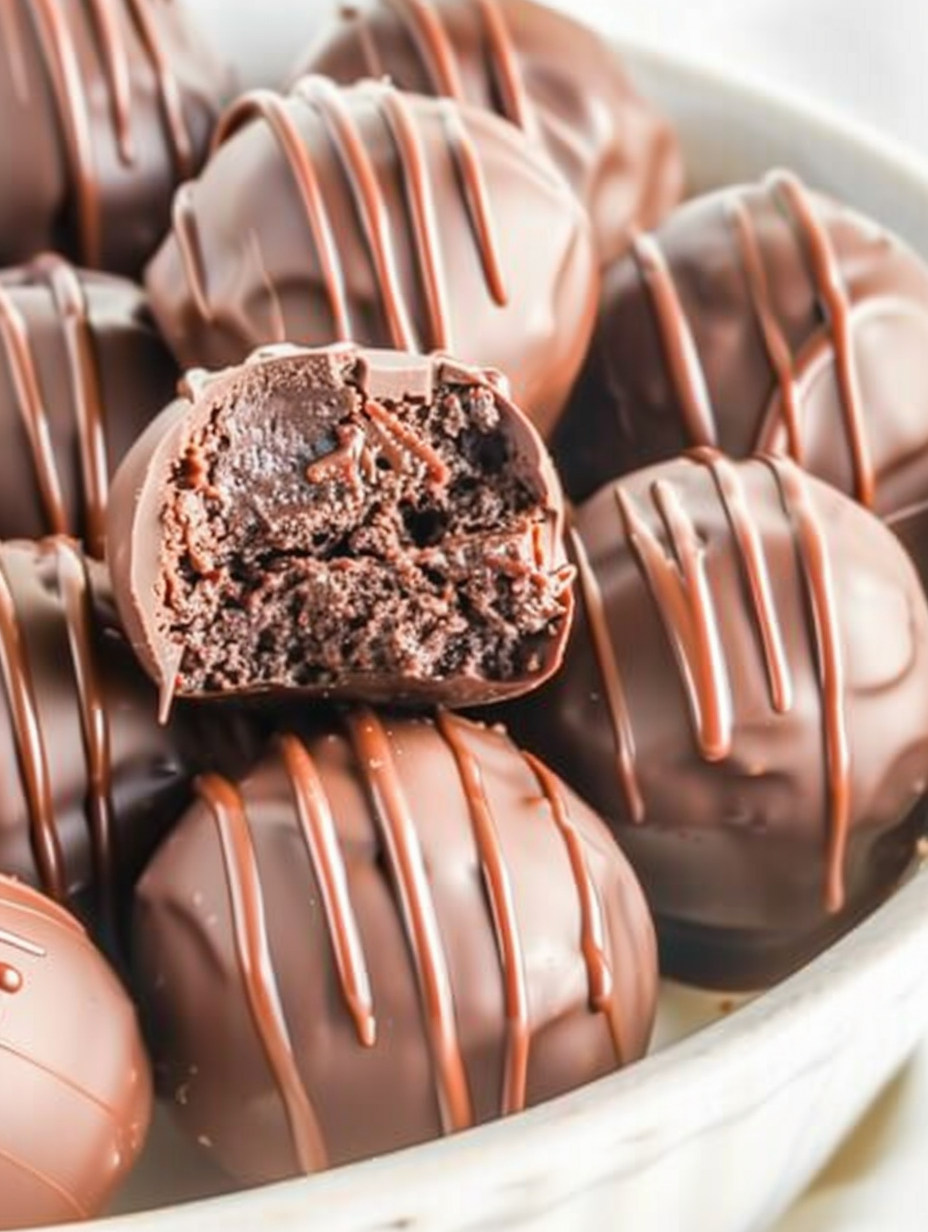 Brownie truffles being dipped in chocolate