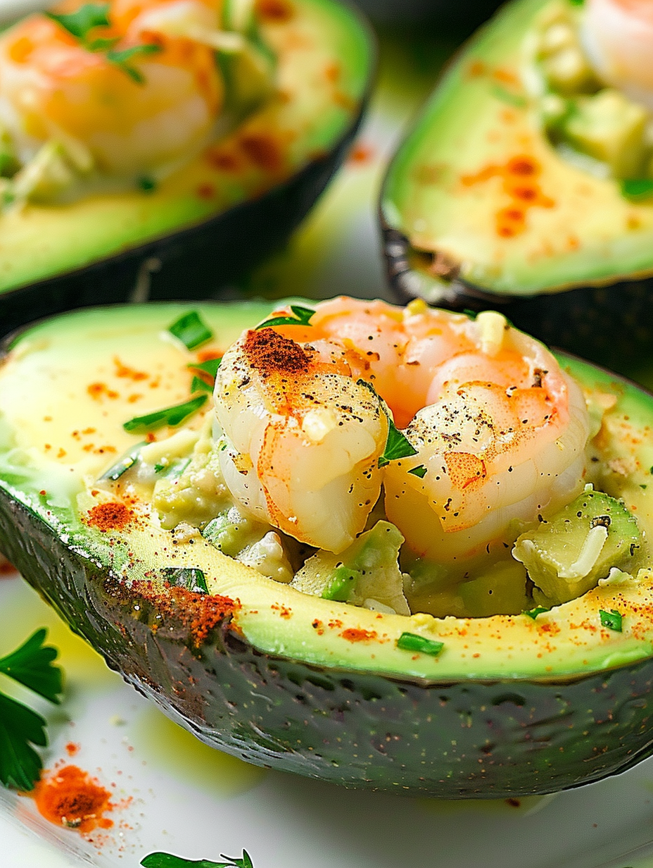 Baked avocado halves with melted cheese and paprika