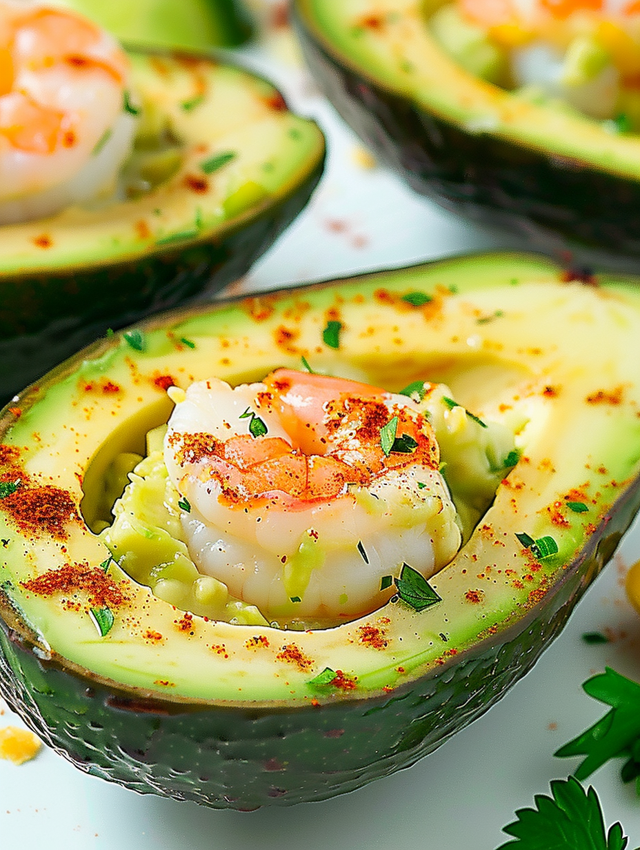 Two halved avocados on a baking sheet before stuffing