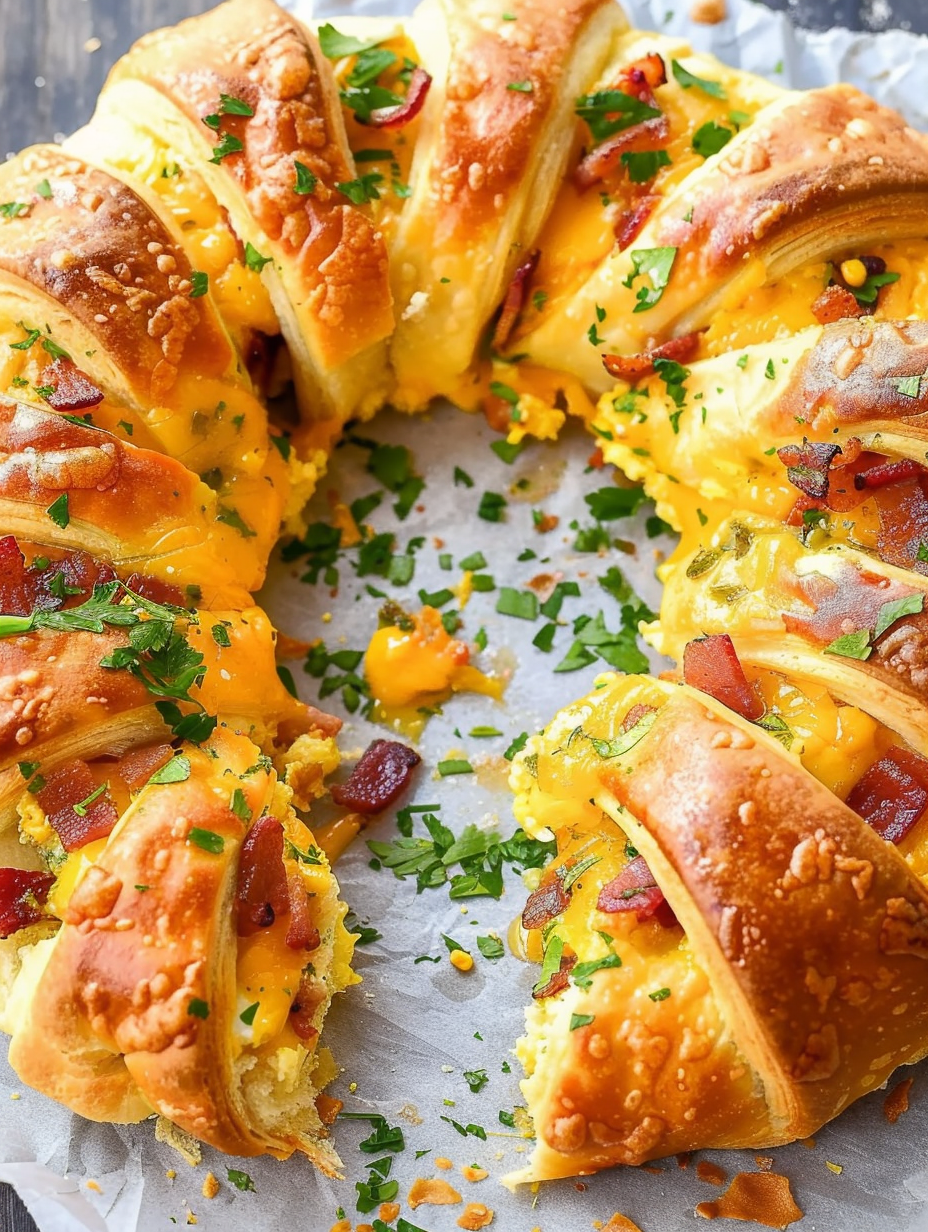 Close-up slice of breakfast ring showing eggs and cheese