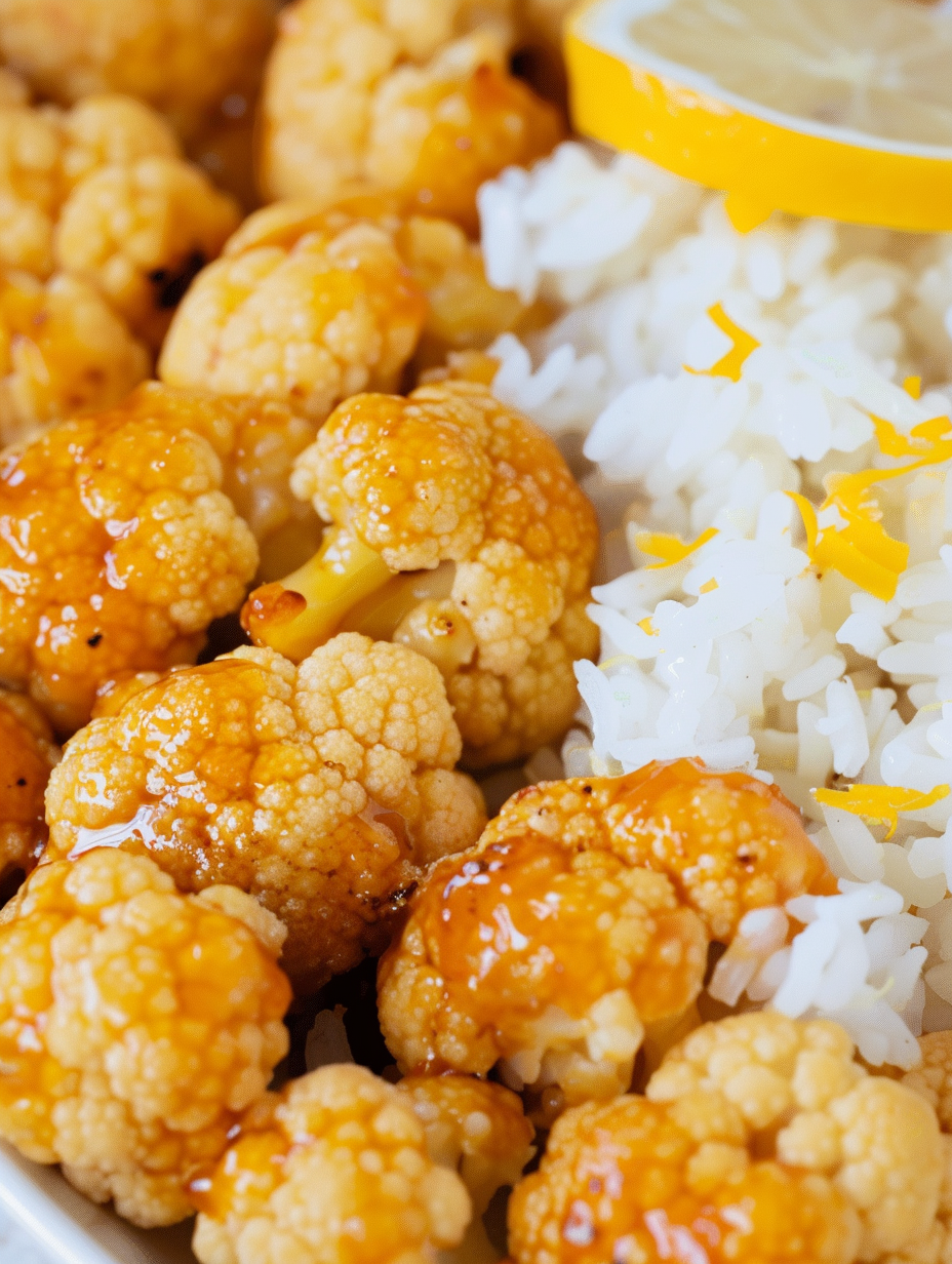 Crispy sticky lemon cauliflower in a serving bowl