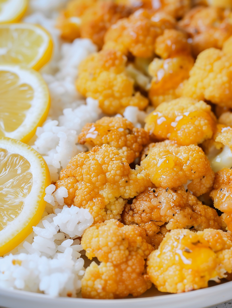 Roasted cauliflower florets coated in lemon glaze