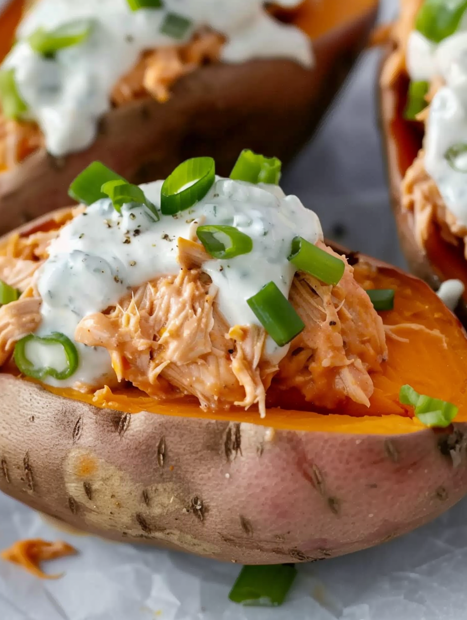 Stuffed sweet potatoes with buffalo chicken on a plate