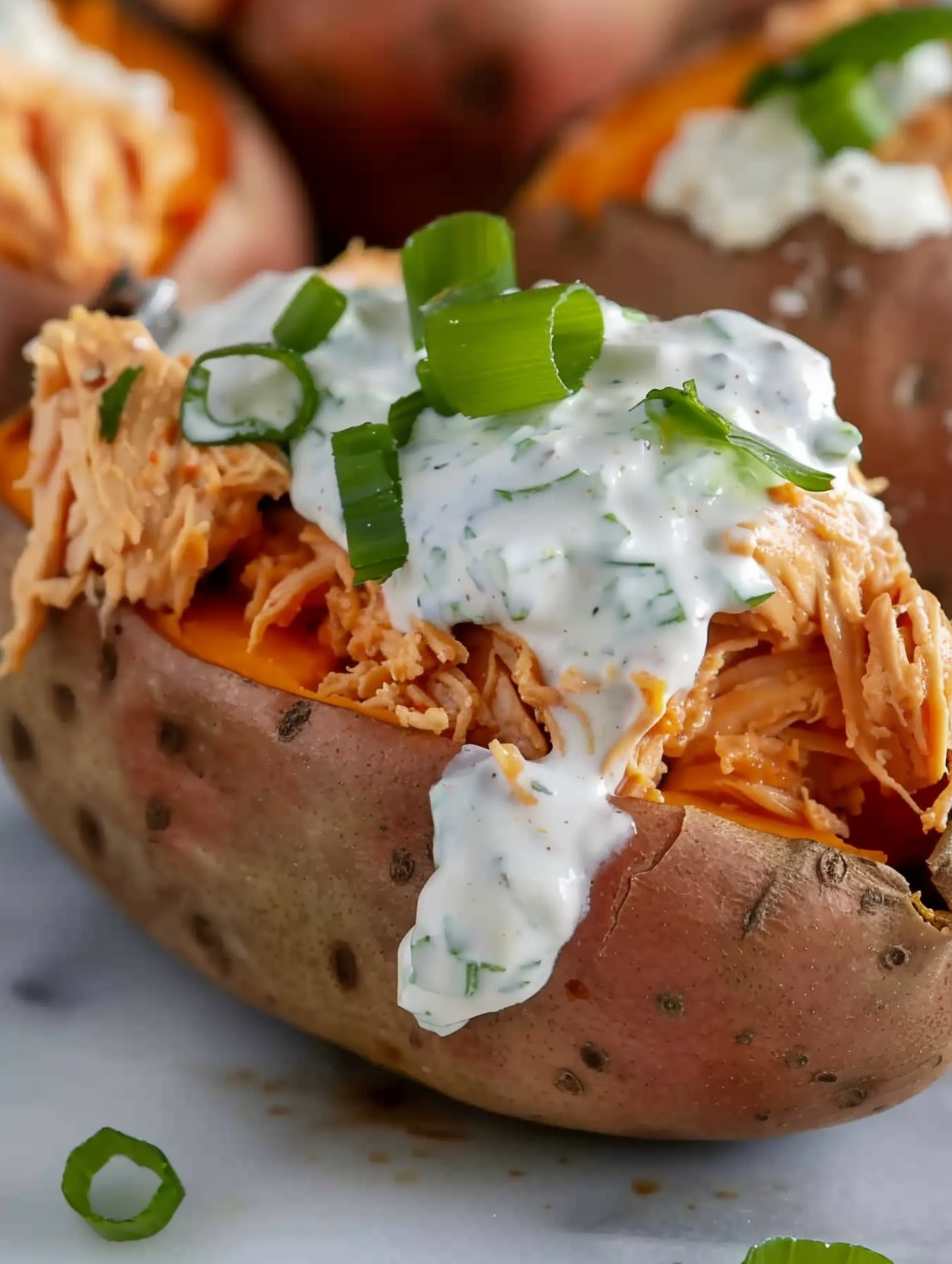 Close-up of buffalo chicken being mixed in a bowl