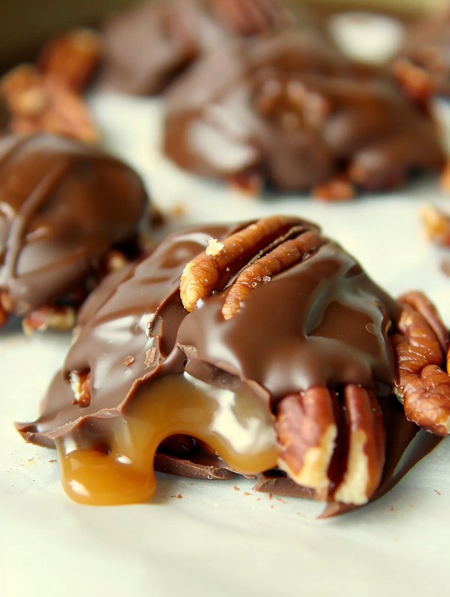 Toasted pecans and caramel clusters on parchment