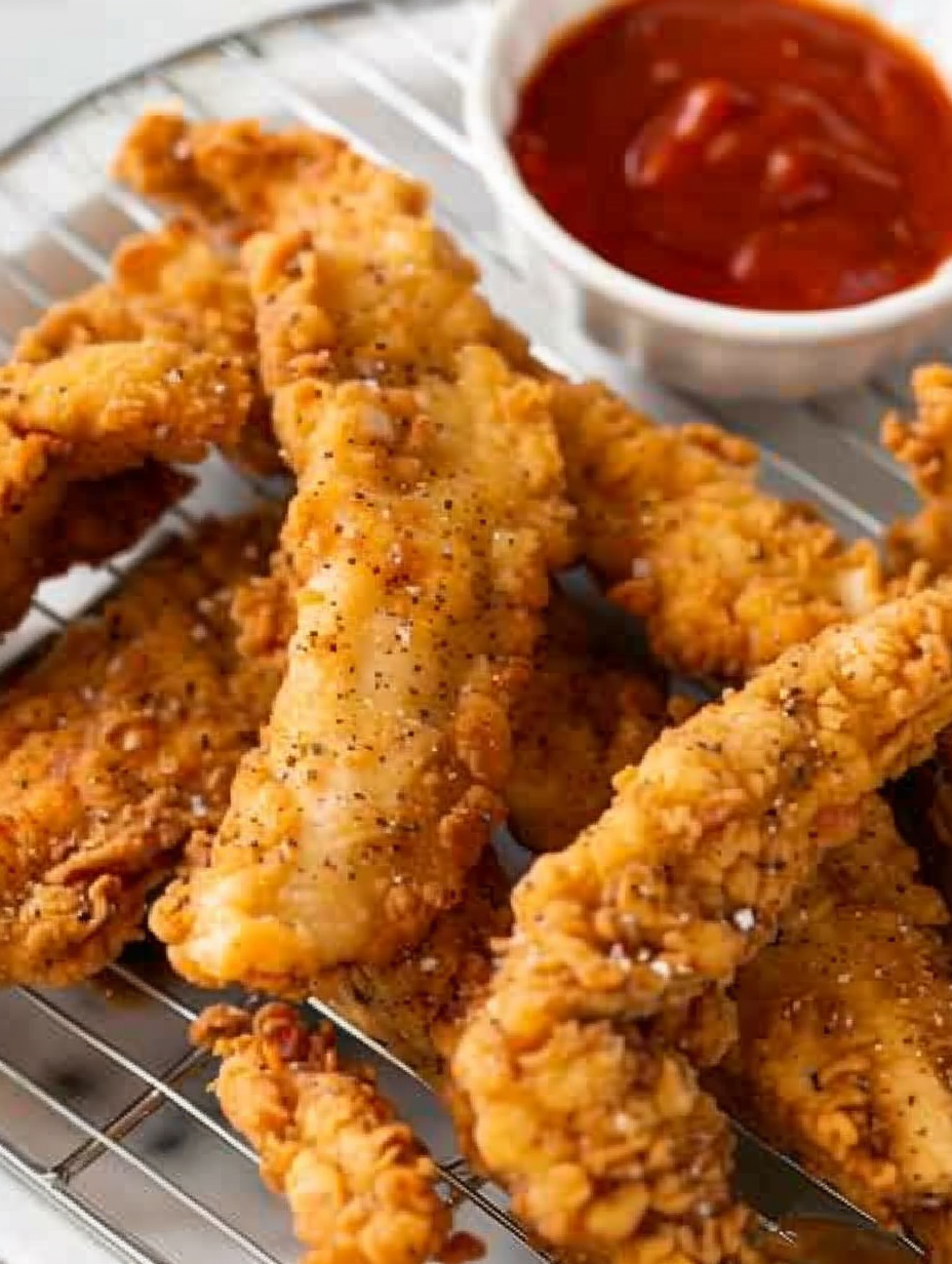 crispy golden chicken tenders on cooling rack