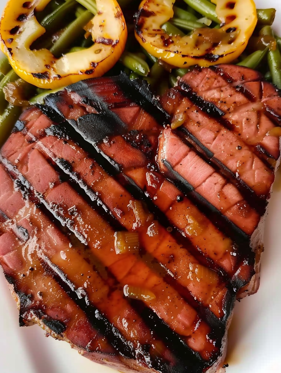 Grilled ham steak glazing on the grill