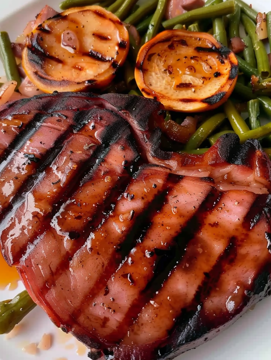 Sliced ham steak on a serving board
