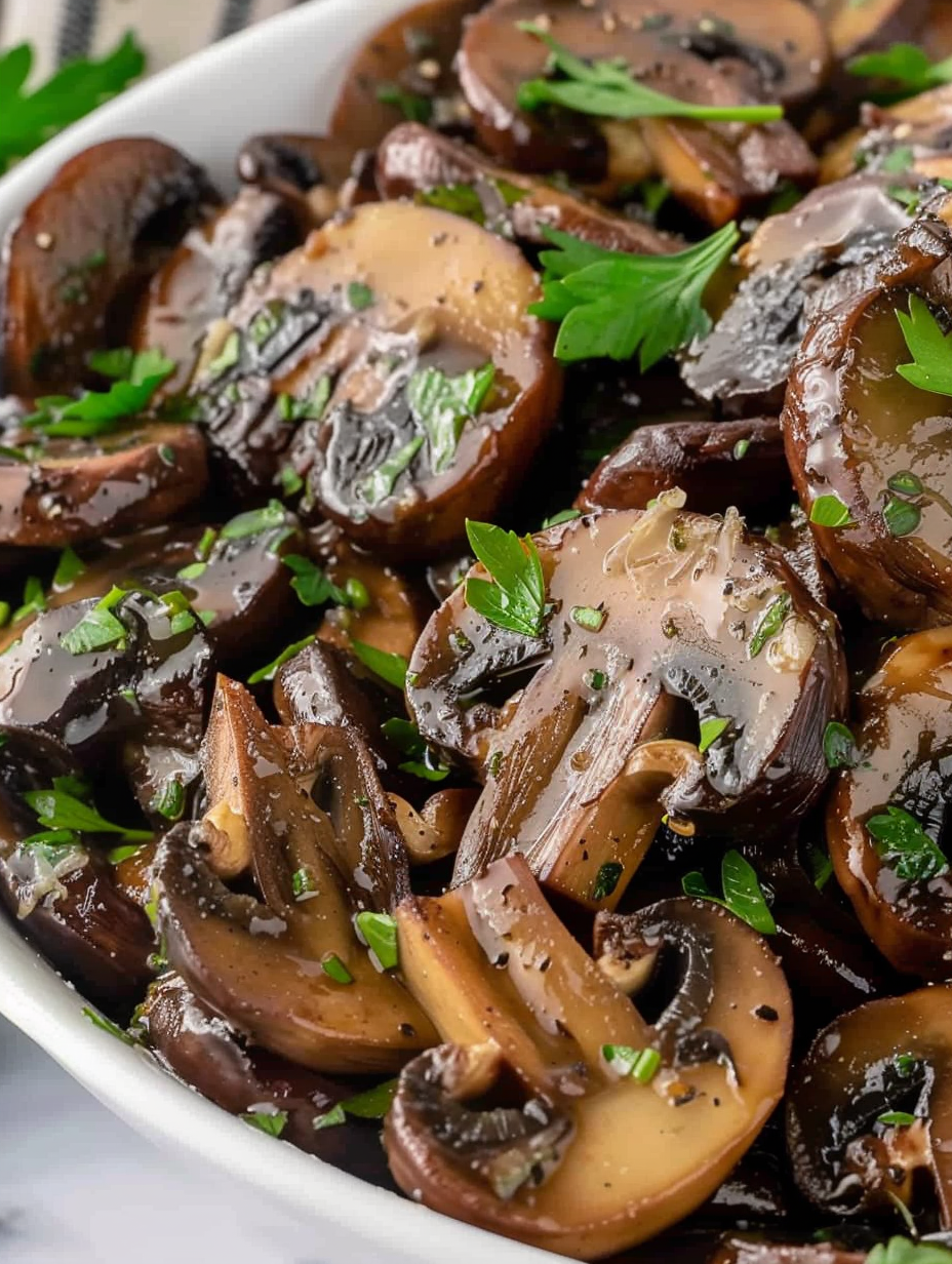 Sautéed mushrooms in skillet, golden and glossy