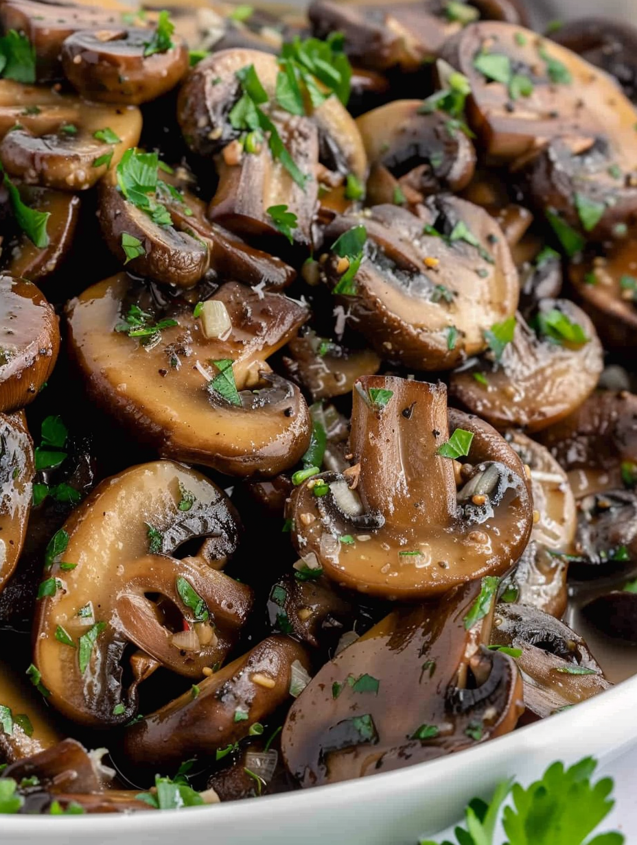 Plated sautéed mushrooms garnished with parsley