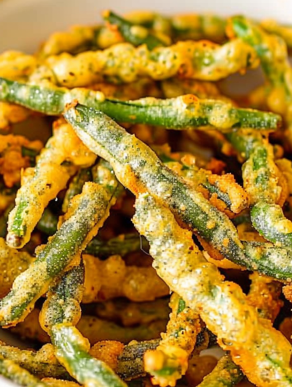 Bowl of fried green beans with dipping sauce
