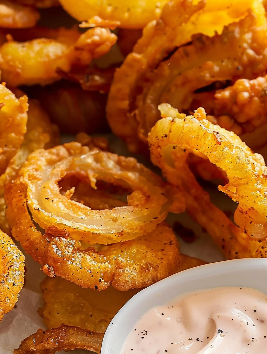 Golden fried onion petals with dipping sauce