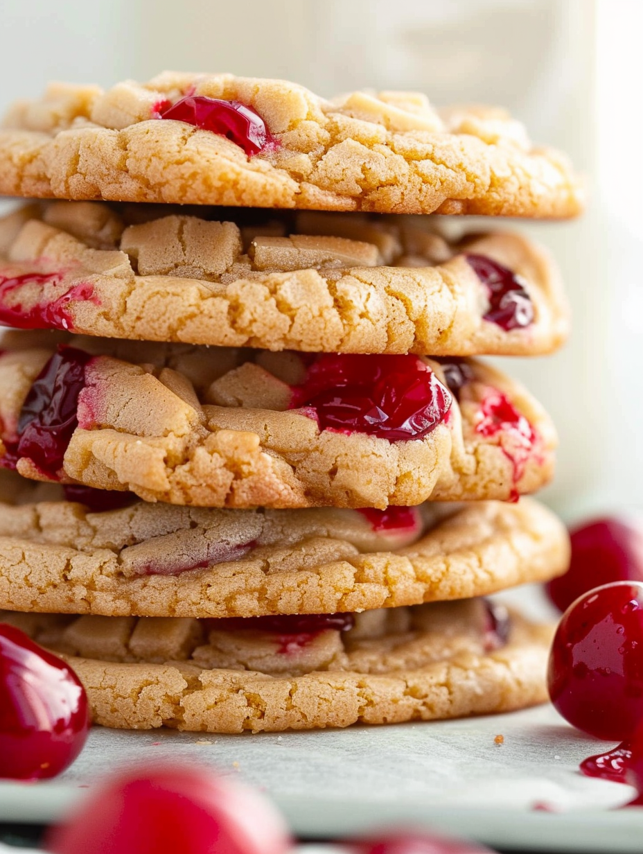 Close-up of cherry pieces folded into cookie dough