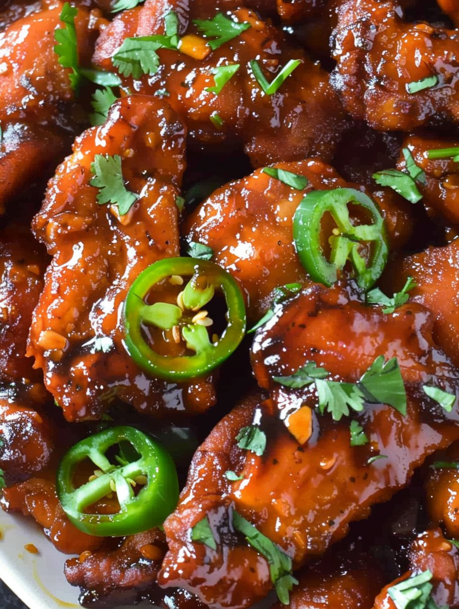 Crispy jalapeno chicken pieces in a skillet, glossy sauce